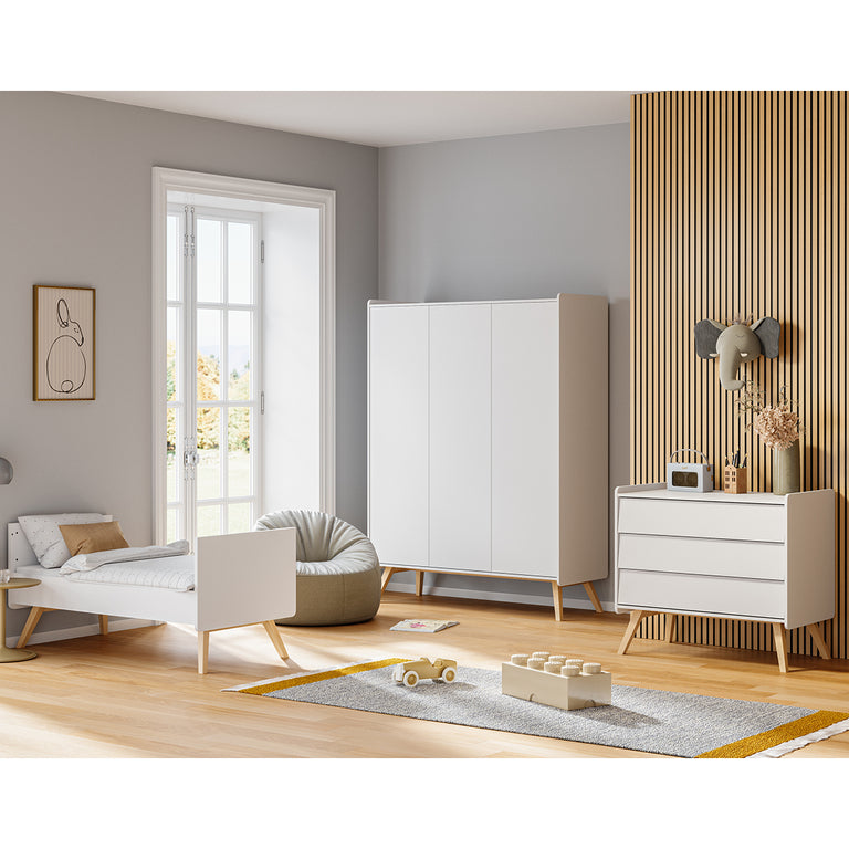 Chambre complète lit évolutif 70x140 commode à langer et armoire 3 portes Vox Vintage Blanc et Bois