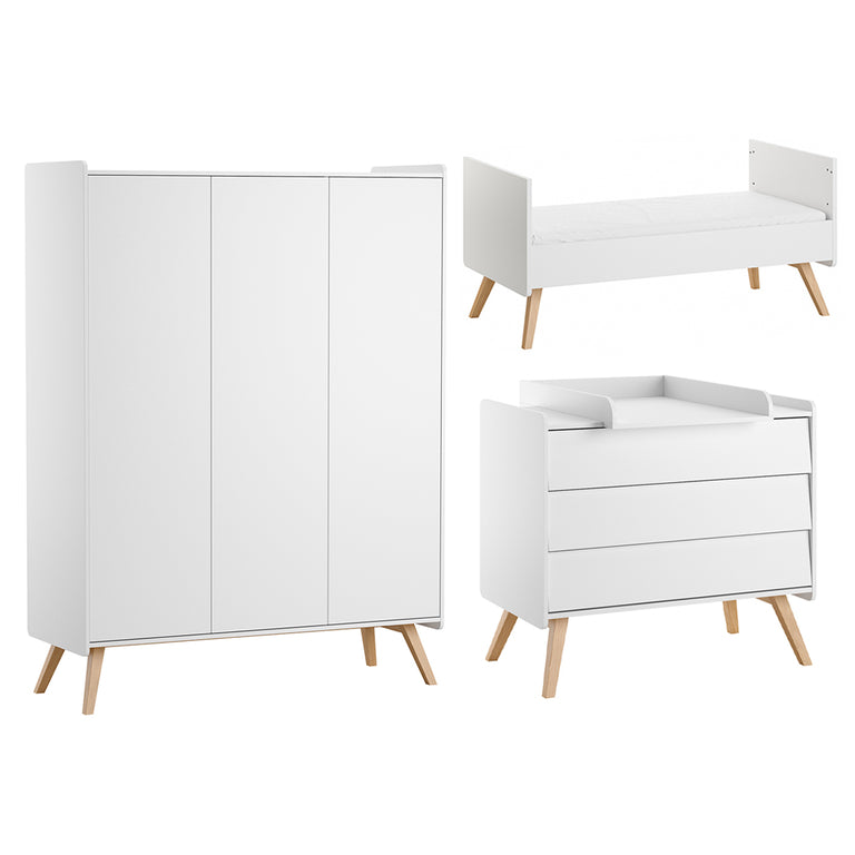 Chambre complète lit évolutif 70x140 commode à langer et armoire 3 portes Vox Vintage Blanc et Bois - vue 2