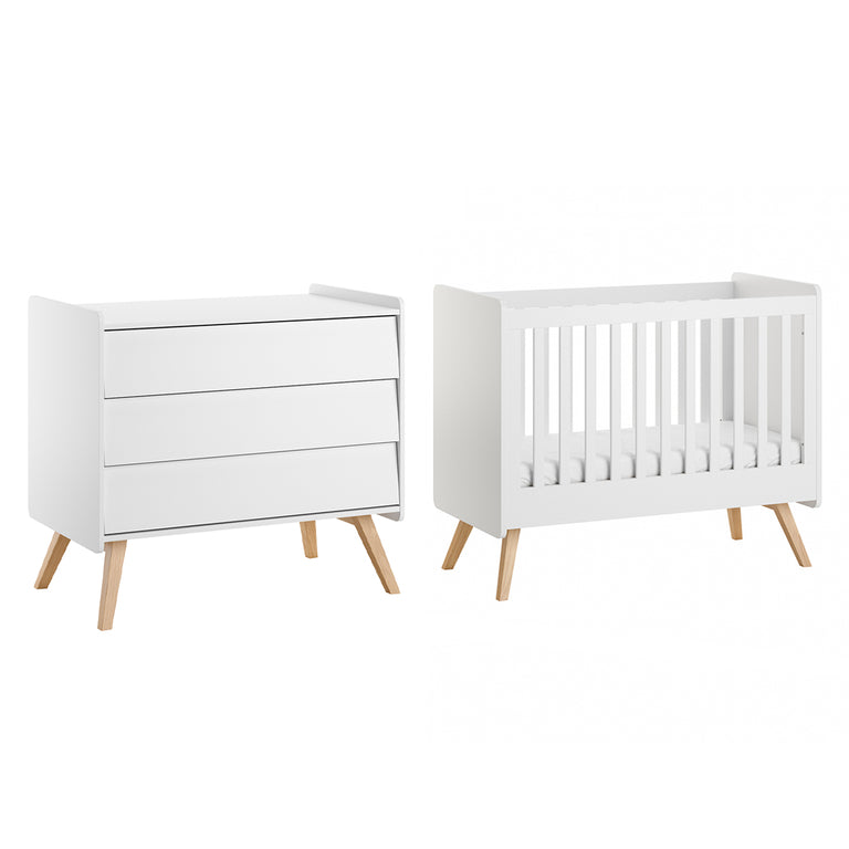 Lit bébé 60x120 et commode 3 tiroirs Vox Vintage Blanc et Bois