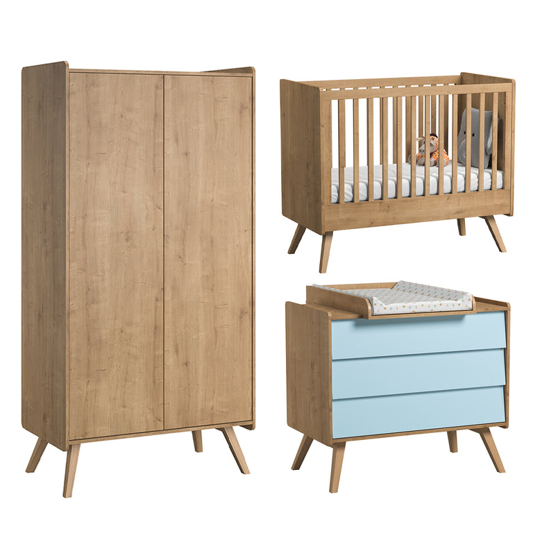 Chambre complète lit bébé - commode 3 tiroirs - armoire 2 portes Vox Vintage Bois Bleu - vue 2