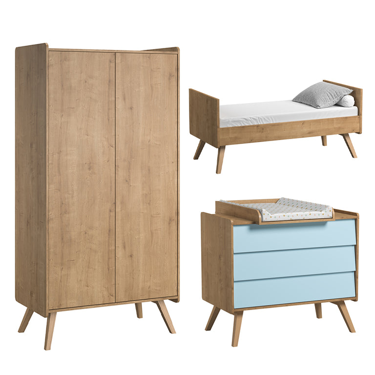 Chambre complète lit bébé évolutif - commode 3 tiroirs - armoire 2 portes Vox Vintage Bois Bleu - vue 2