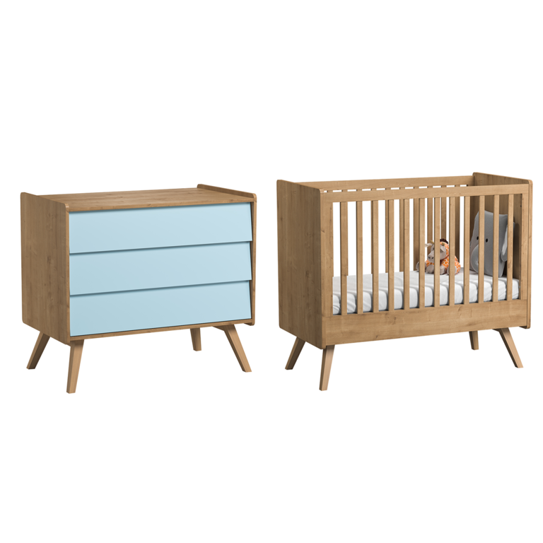 Lit bébé et Commode à langer Vox Vintage Bois Bleu