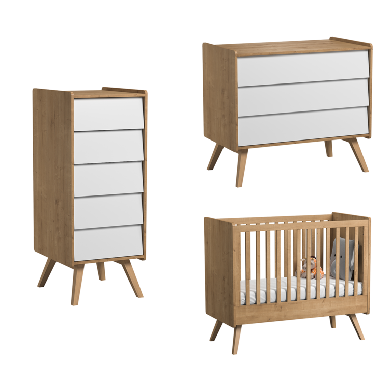 Chambre complète lit bébé - commode à langer - chiffonnier Vox Vintage Bois Blanc - vue 2