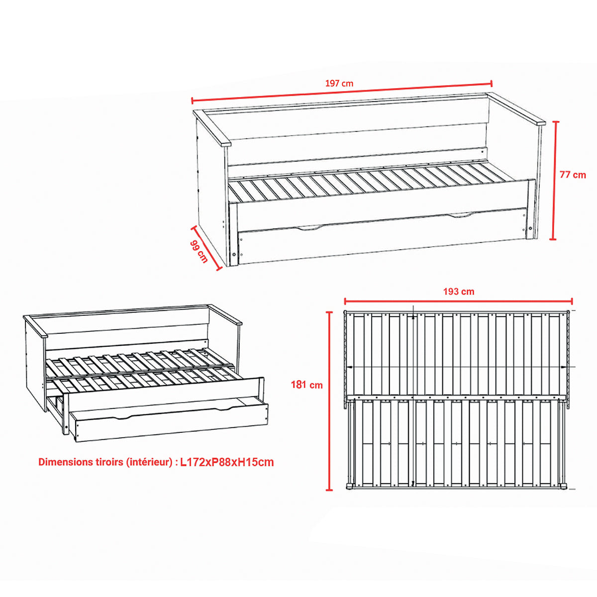Lit banquette extensible 90x190 tiroir et sommiers inclus Alice Blanc - vue 4