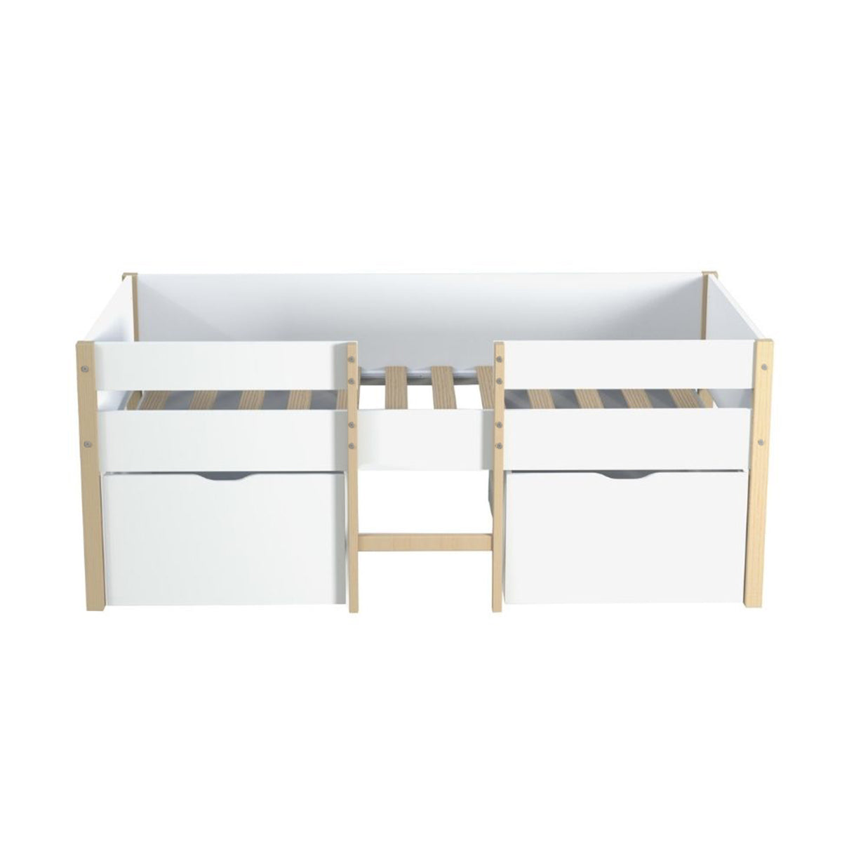 Lit mi-hauteur 90x200 2 grands tiroirs et sommier inclus Arthur Blanc et bois - vue 3