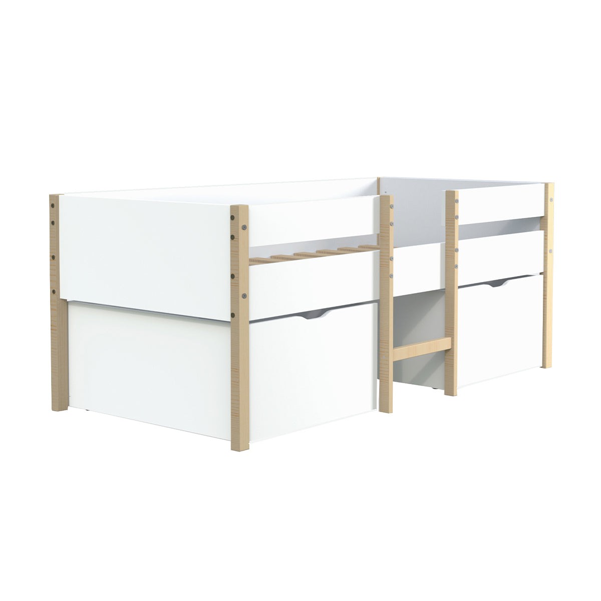 Lit mi-hauteur 90x190 2 grands tiroirs et sommier inclus Arthur Blanc et bois - vue 2