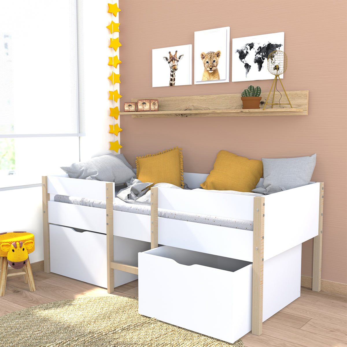 Lit mi-hauteur 90x200 2 grands tiroirs et sommier inclus Arthur Blanc et bois - vue 4