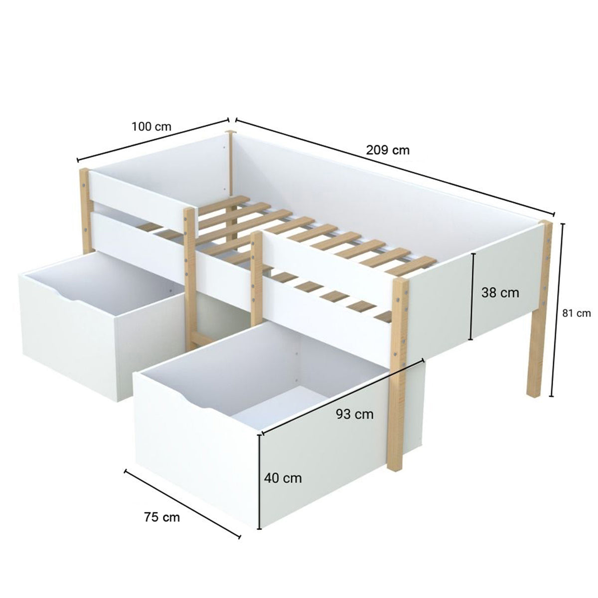 Lit mi-hauteur 90x200 2 grands tiroirs et sommier inclus Arthur Blanc et bois - vue 5
