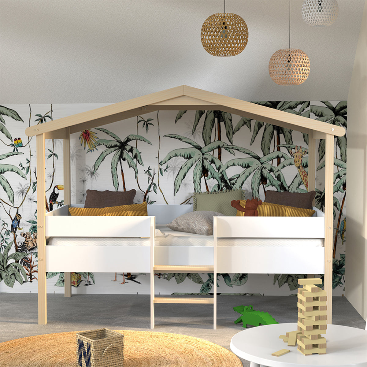 Lit cabane mi-hauteur 90x190 sommier inclus Kayla Bois et Blanc - vue 4