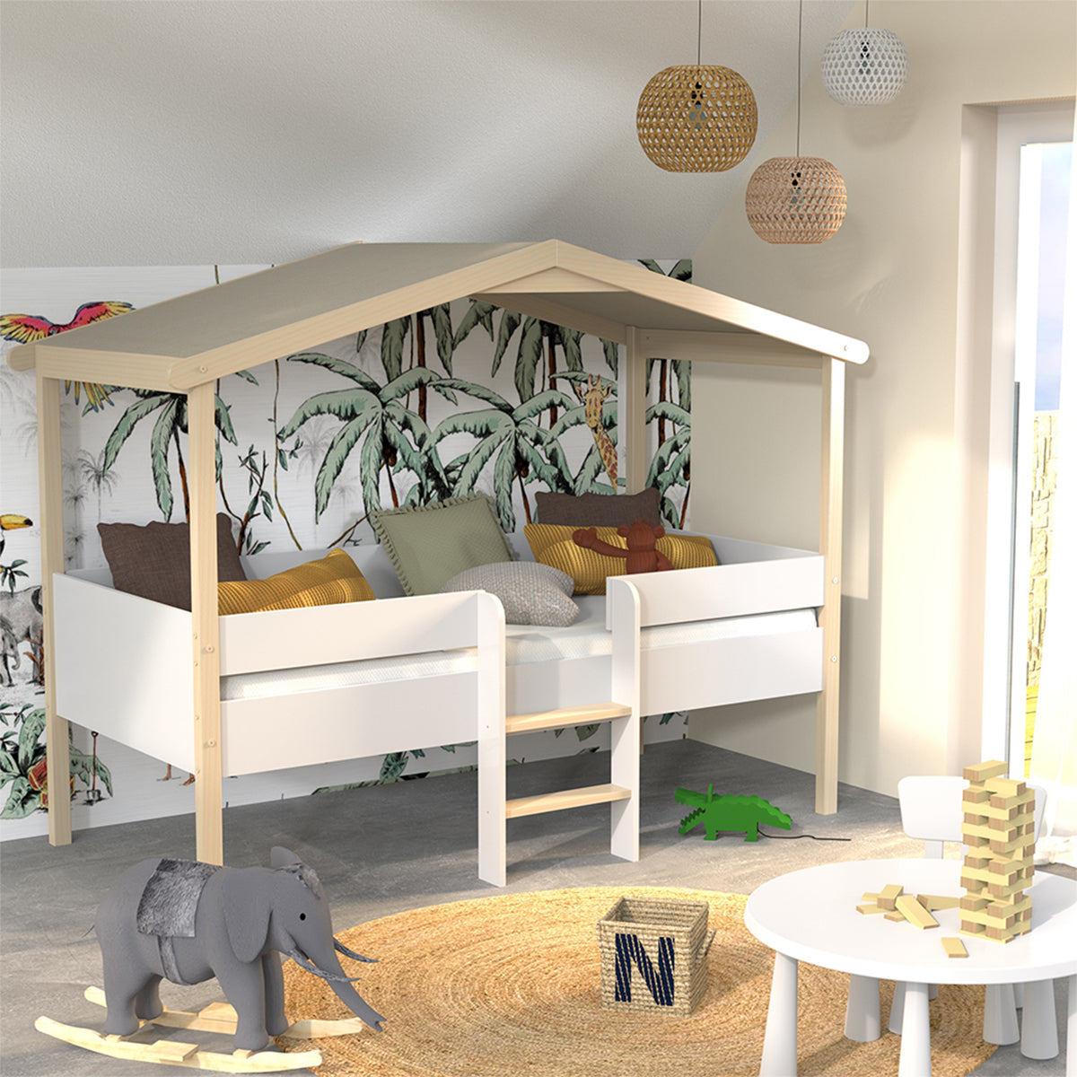 Lit cabane mi-hauteur 90x190 sommier inclus Kayla Bois et Blanc