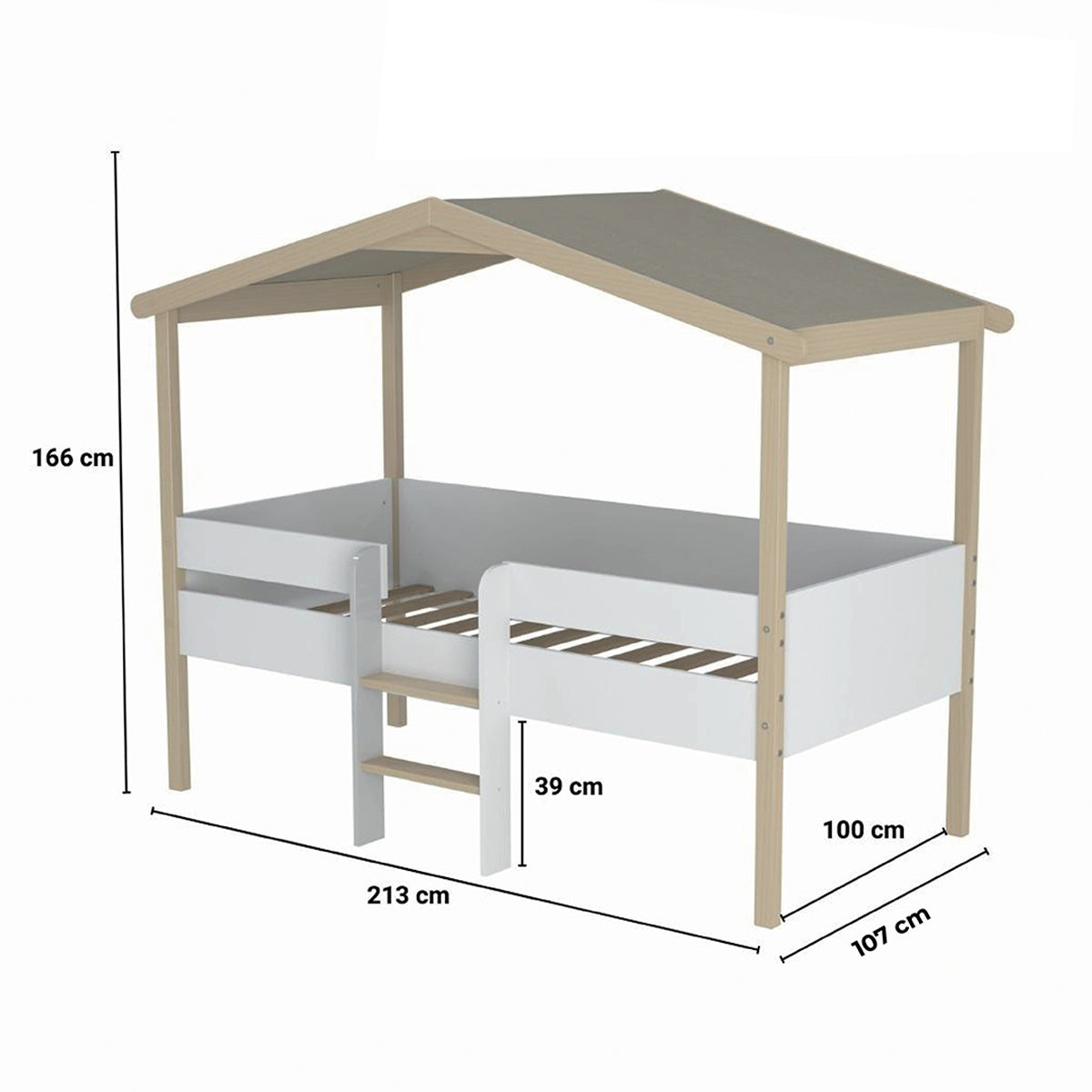Lit cabane mi-hauteur 90x190 sommier inclus Kayla Bois et Blanc - vue 5
