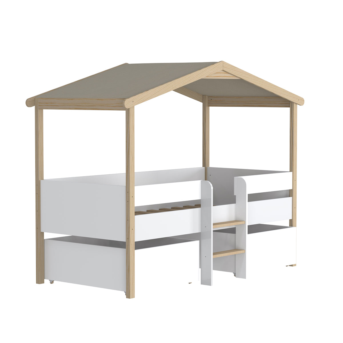 Lit cabane mi-hauteur 90x200 sommier et tiroirs inclus Kayla Bois et Blanc - vue 2