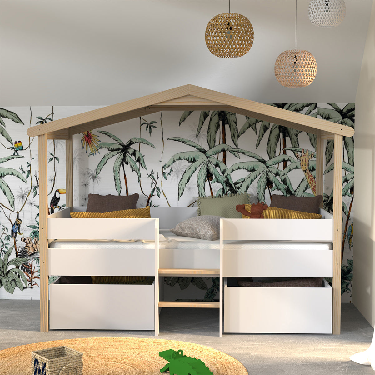 Lit cabane mi-hauteur 90x190 sommier et tiroirs inclus Kayla Bois et Blanc - vue 5