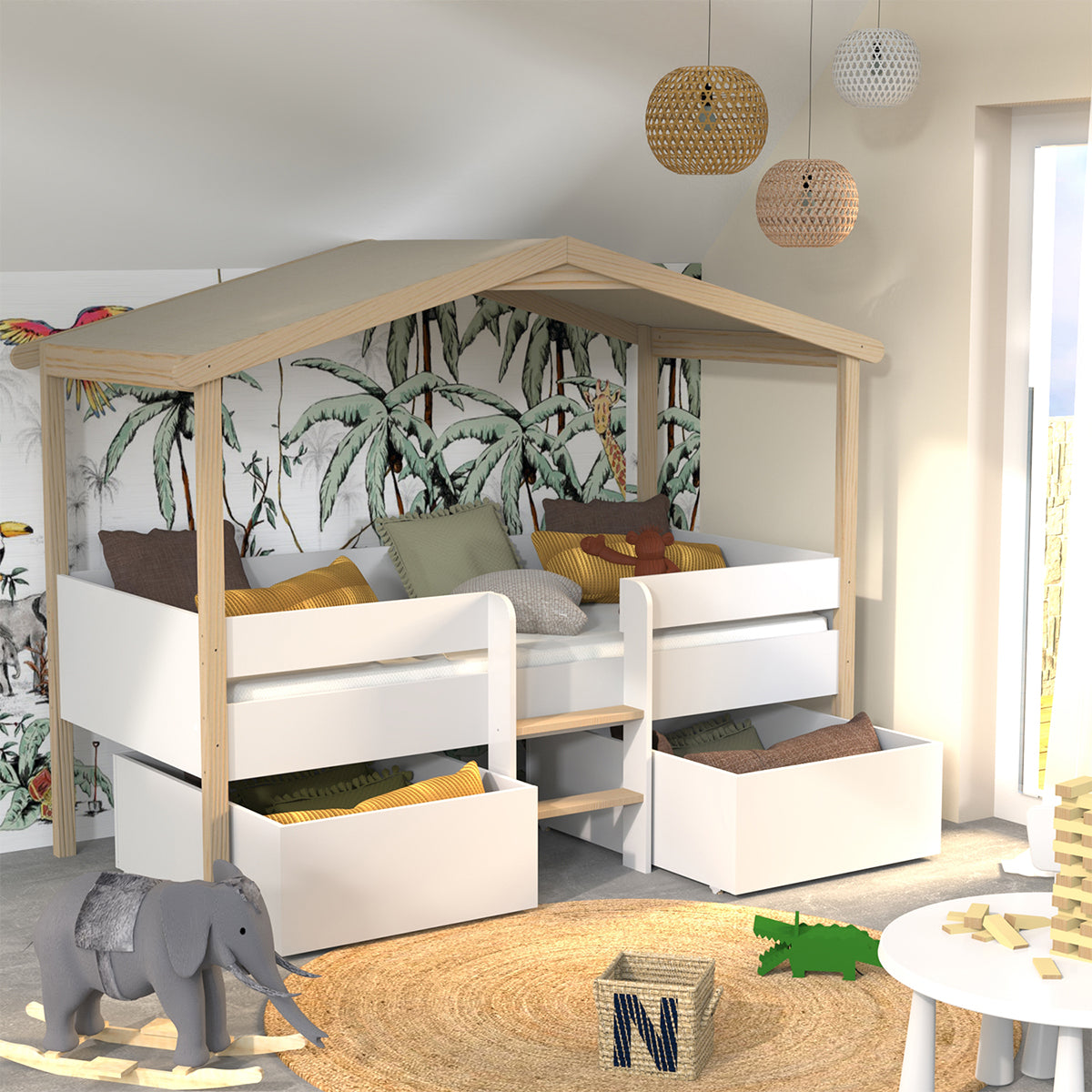 Lit cabane mi-hauteur 90x190 sommier et tiroirs inclus Kayla Bois et Blanc