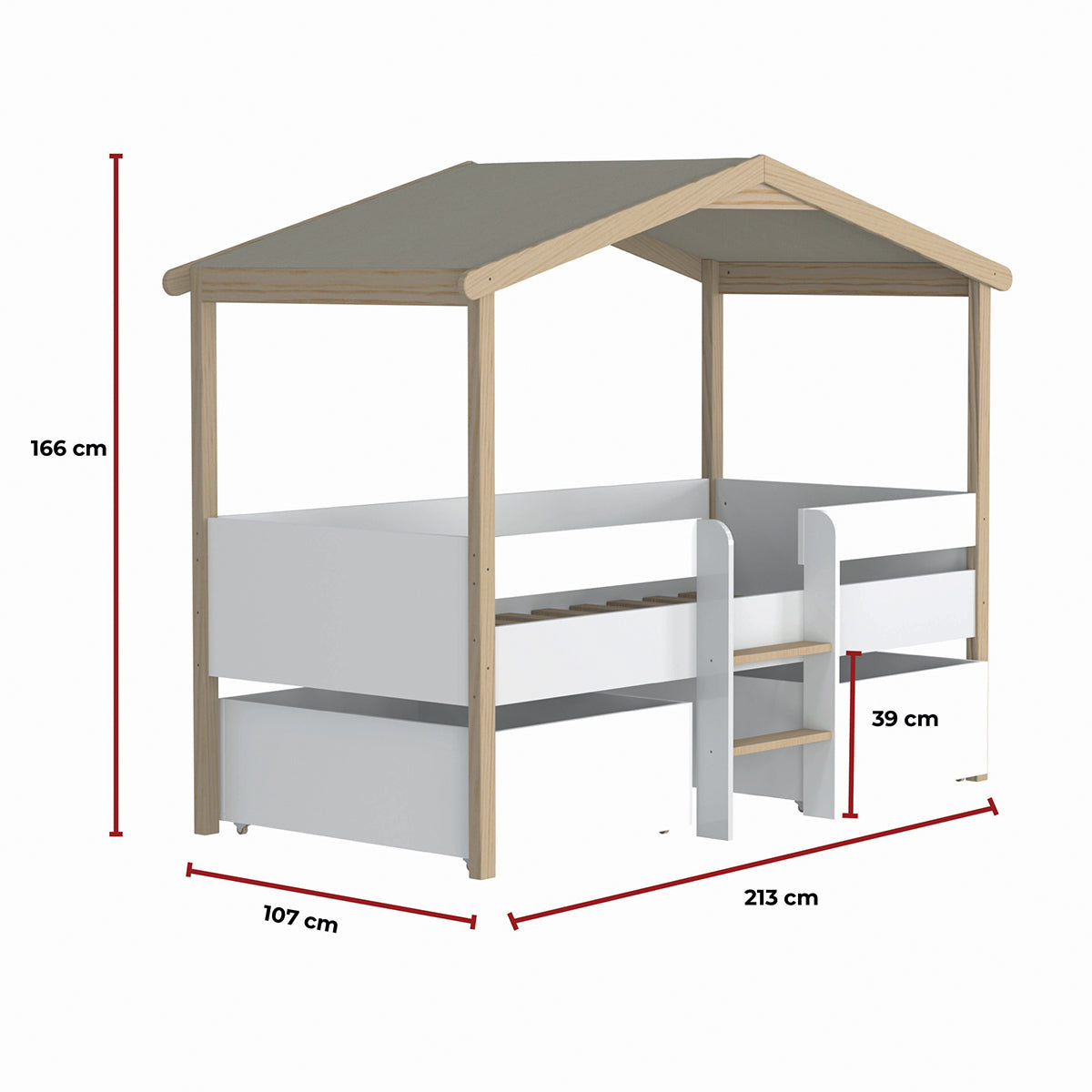 Lit cabane mi-hauteur 90x190 sommier et tiroirs inclus Kayla Bois et Blanc - vue 6