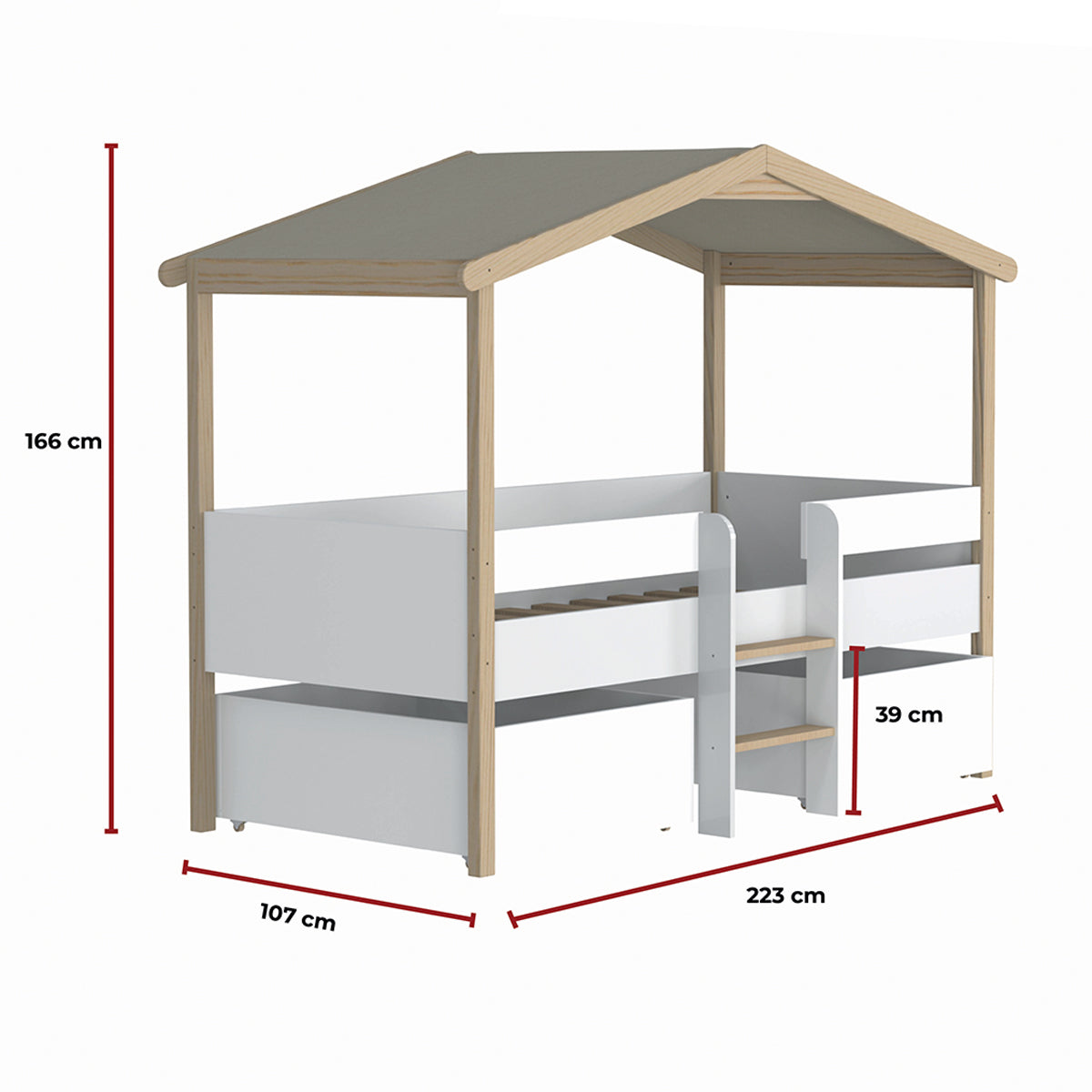 Lit cabane mi-hauteur 90x200 sommier et tiroirs inclus Kayla Bois et Blanc - vue 6