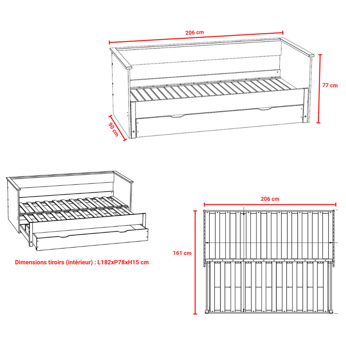 Lit banquette extensible 80x200 tiroir et sommiers inclus Alice Blanc - vue 4