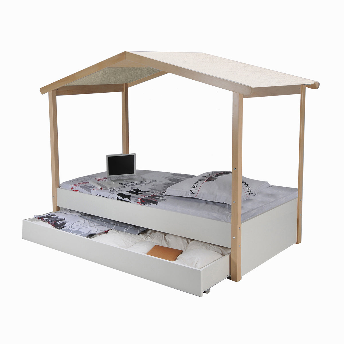 Lit cabane 90x190 sommier et tiroir inclus Miranda Bois et Blanc - vue 2