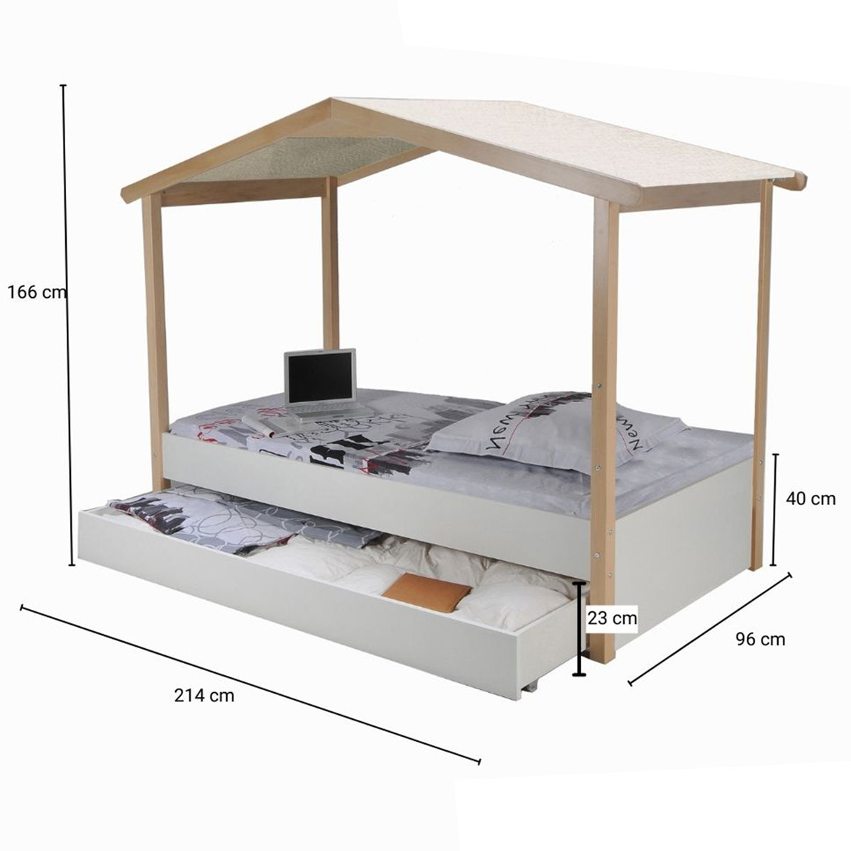 Lit cabane 90x190 sommier et tiroir inclus Miranda Bois et Blanc - vue 3