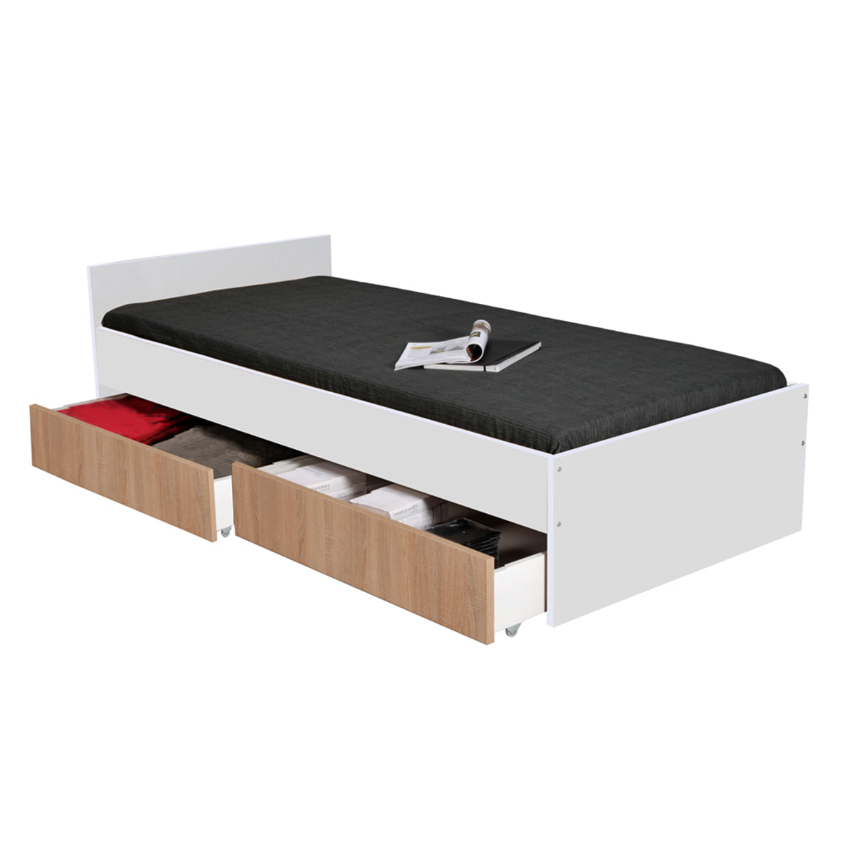 Lit 90x190 tiroirs inclus Orson Bois blanchi et Blanc - vue 2