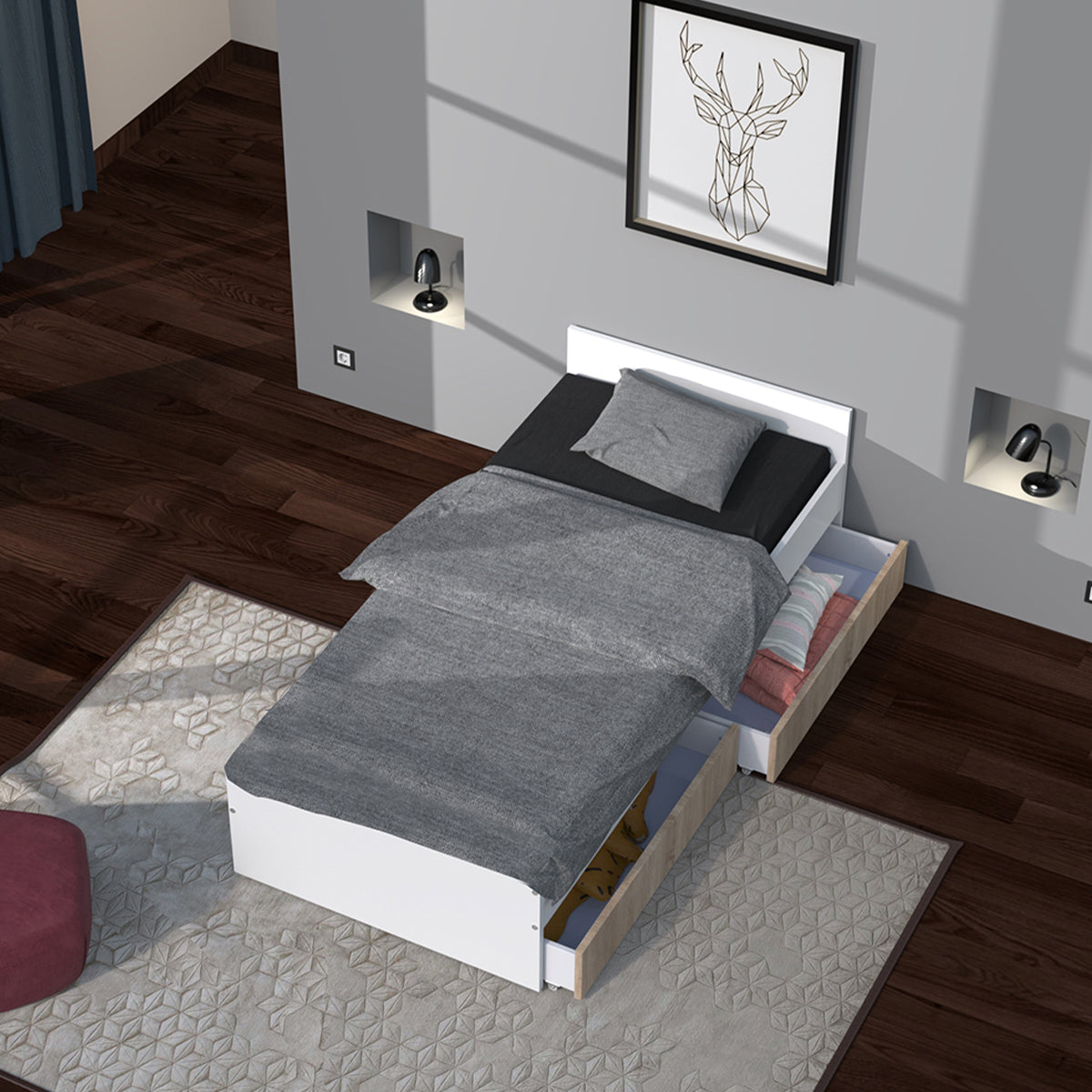 Lit 90x190 tiroirs inclus Orson Bois blanchi et Blanc - vue 3