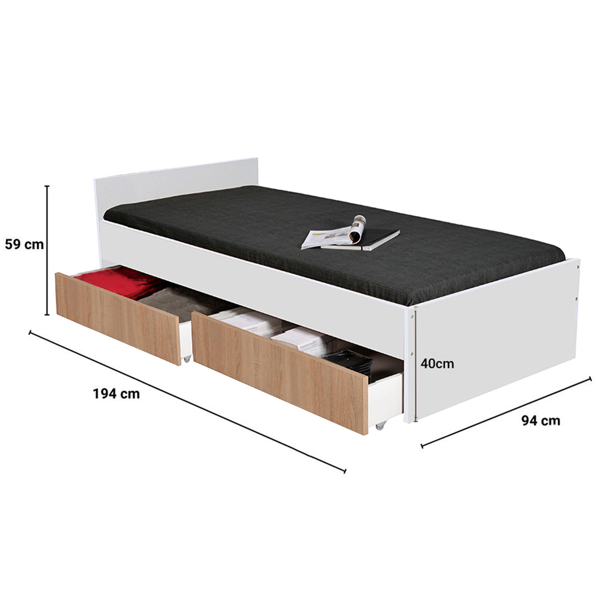 Lit 90x190 tiroirs inclus Orson Bois blanchi et Blanc - vue 4