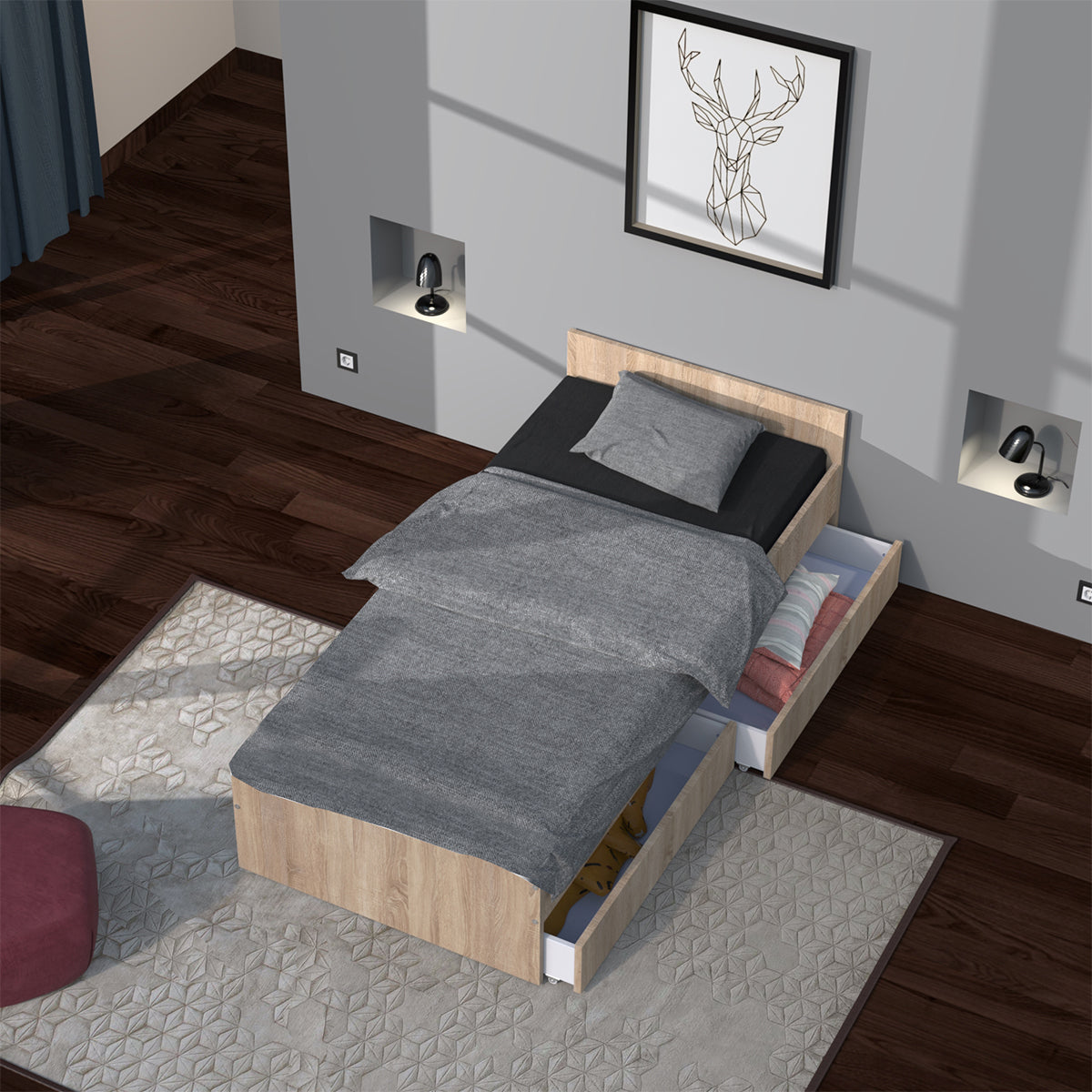 Lit 90x190 tiroirs inclus Orson Bois blanchi - vue 3