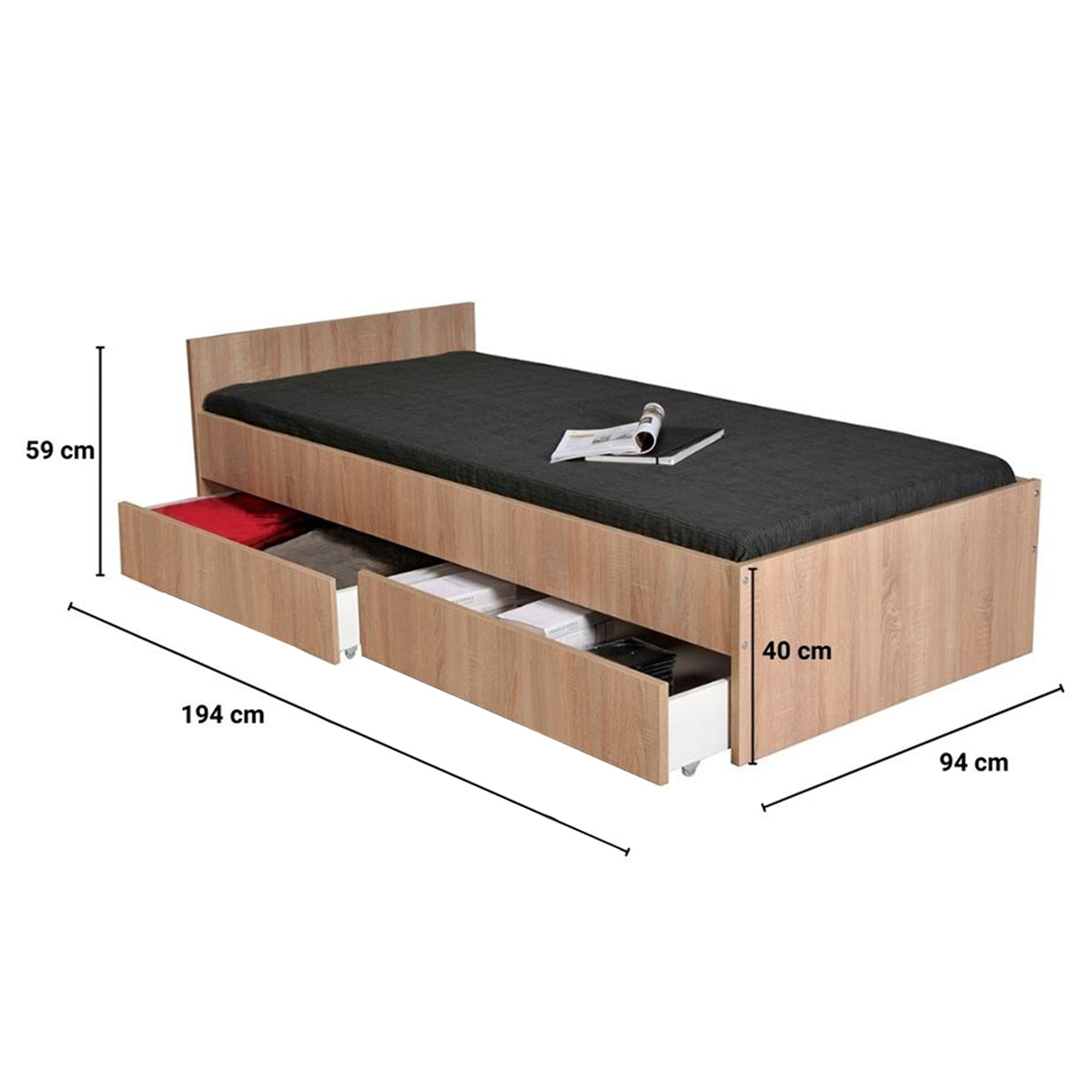 Lit 90x190 tiroirs inclus Orson Bois blanchi - vue 4