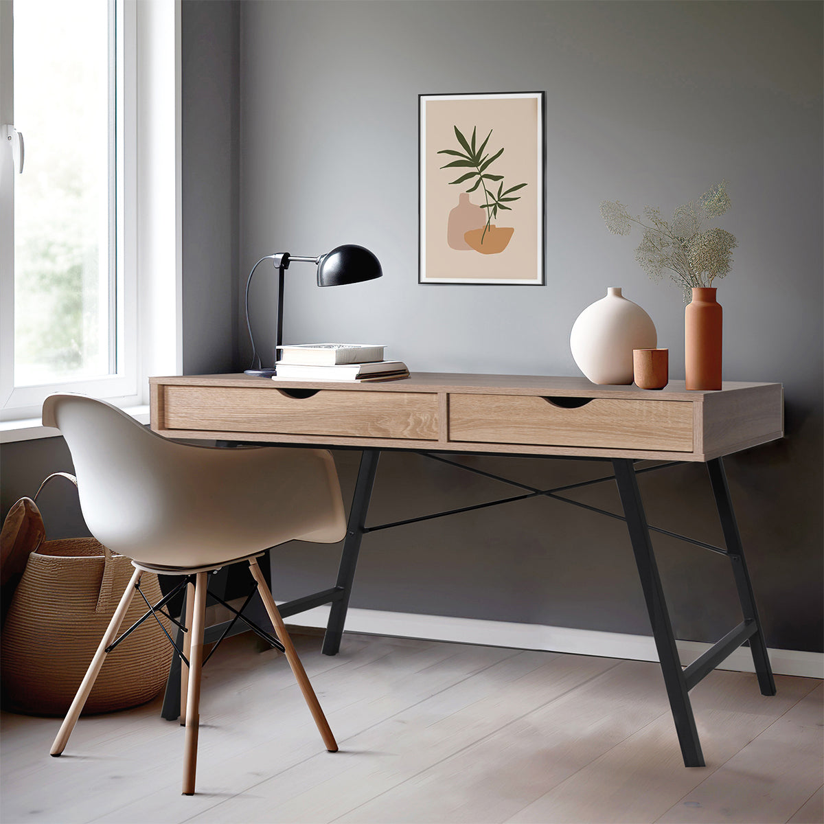 Bureau 2 tiroirs Parker Bois blanchi et Noir