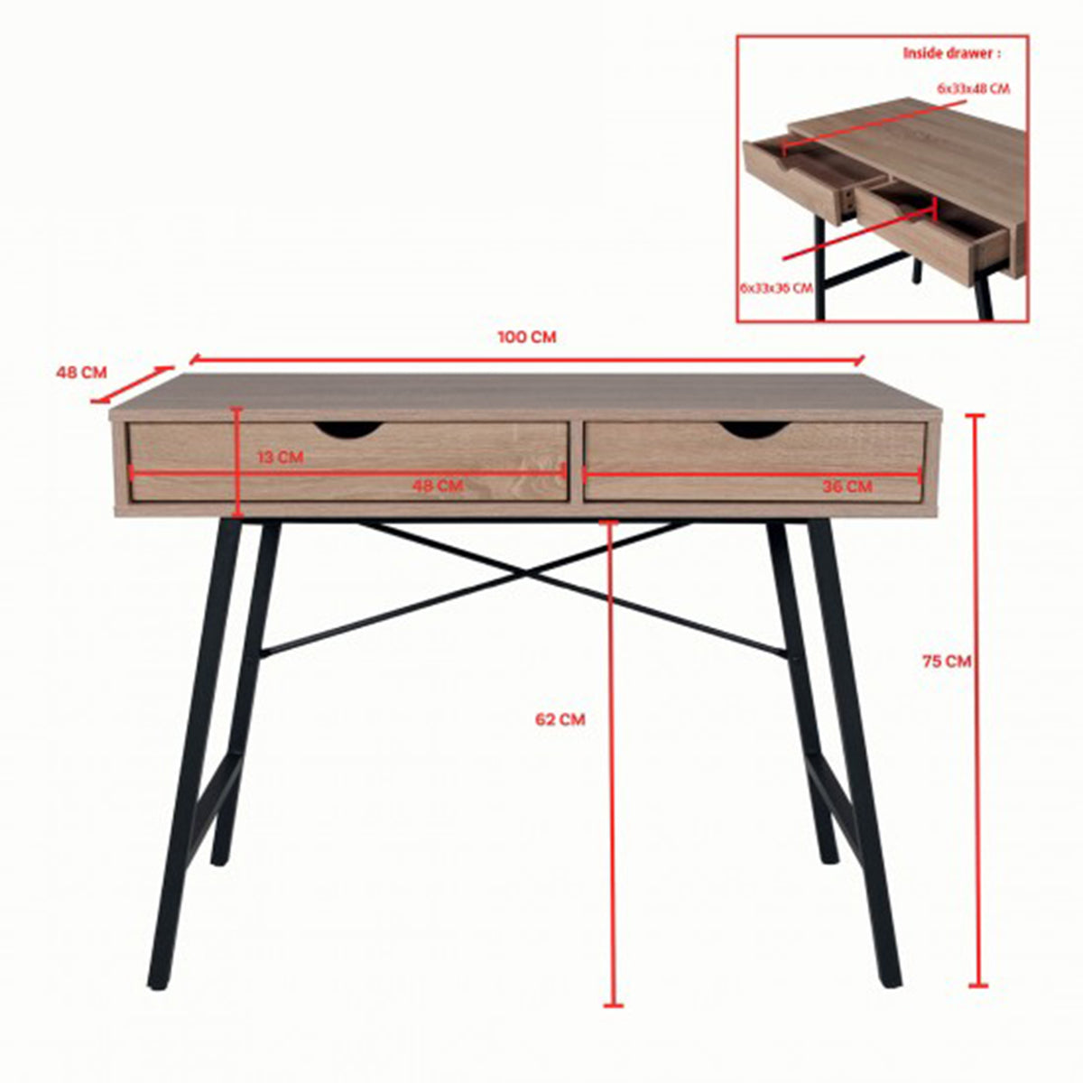 Bureau 2 tiroirs Parker Bois blanchi et Noir - vue 5