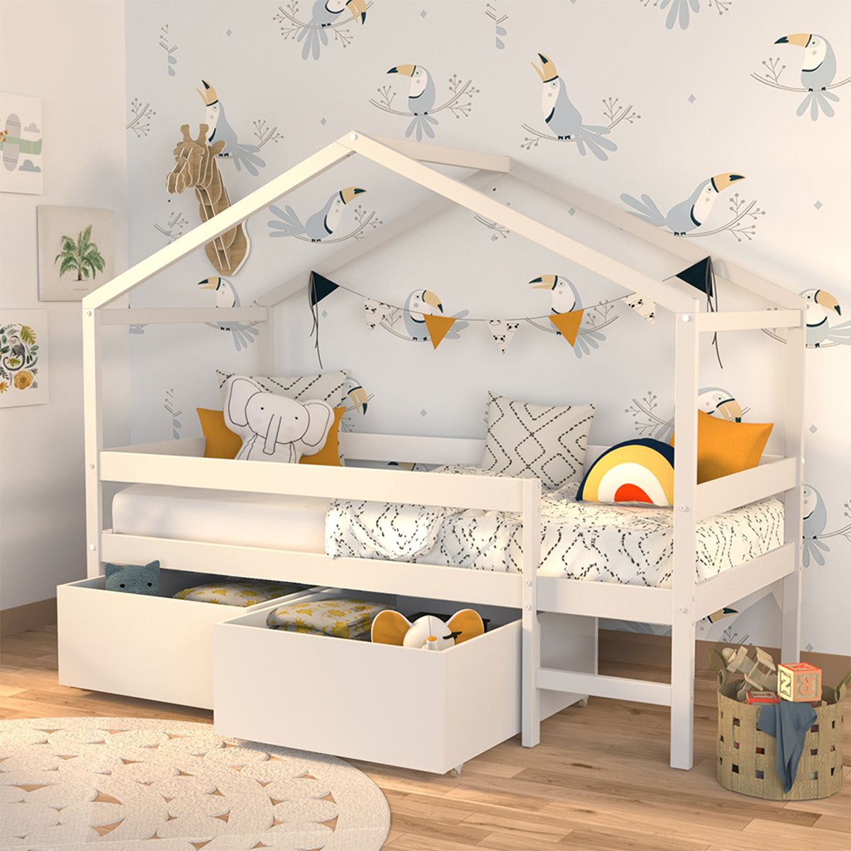 Lit cabane mi-hauteur 90x190 sommier et tiroirs inclus Penny Blanc
