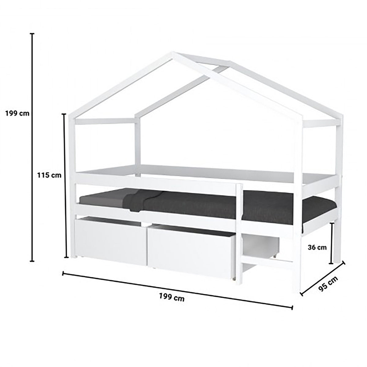 Lit cabane mi-hauteur 90x190 sommier et tiroirs inclus Penny Blanc - vue 4