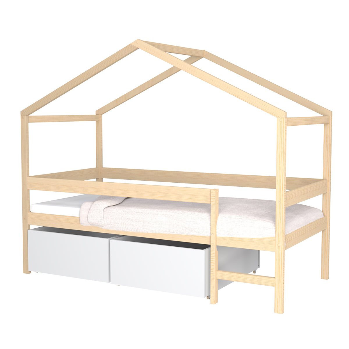 Lit cabane mi-hauteur 90x190 sommier et tiroirs inclus Penny Bois et Blanc - vue 2