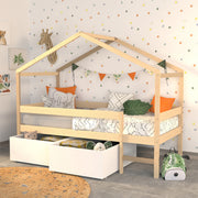 Lit cabane mi-hauteur 90x190 sommier et tiroirs inclus Penny Bois et Blanc