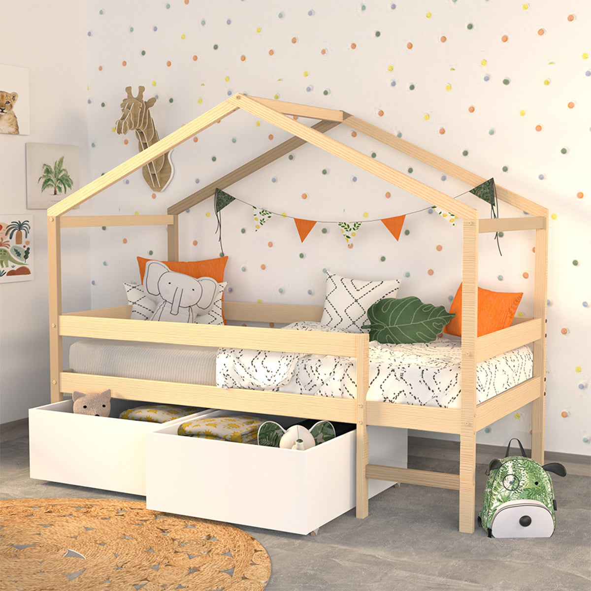 Lit cabane mi-hauteur 90x190 sommier et tiroirs inclus Penny Bois et Blanc