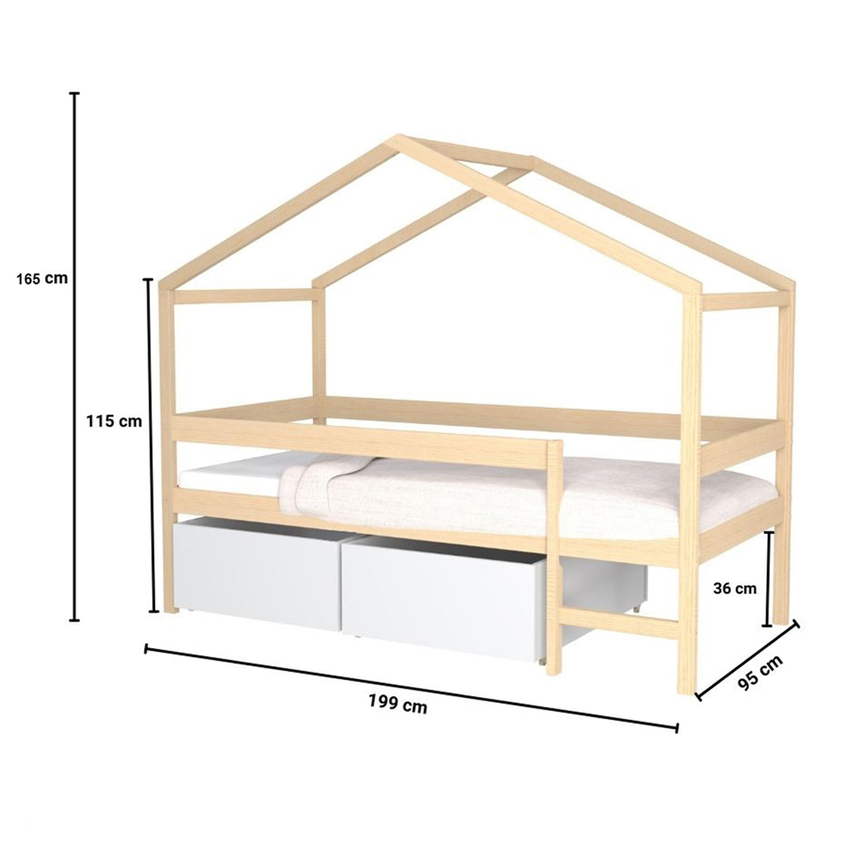 Lit cabane mi-hauteur 90x190 sommier et tiroirs inclus Penny Bois et Blanc - vue 4