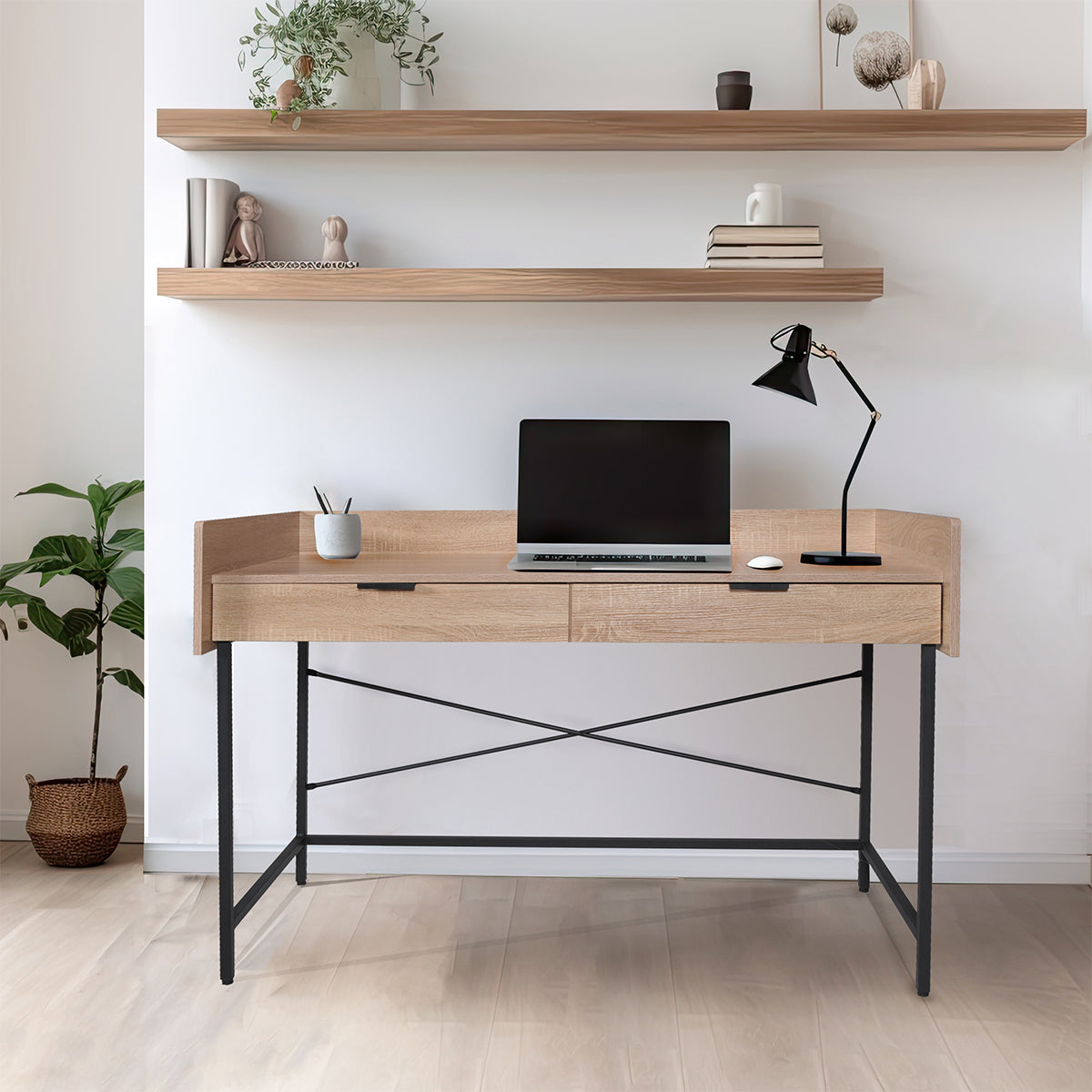 Bureau 2 tiroirs Suliac Bois blanchi et Noir - vue 4