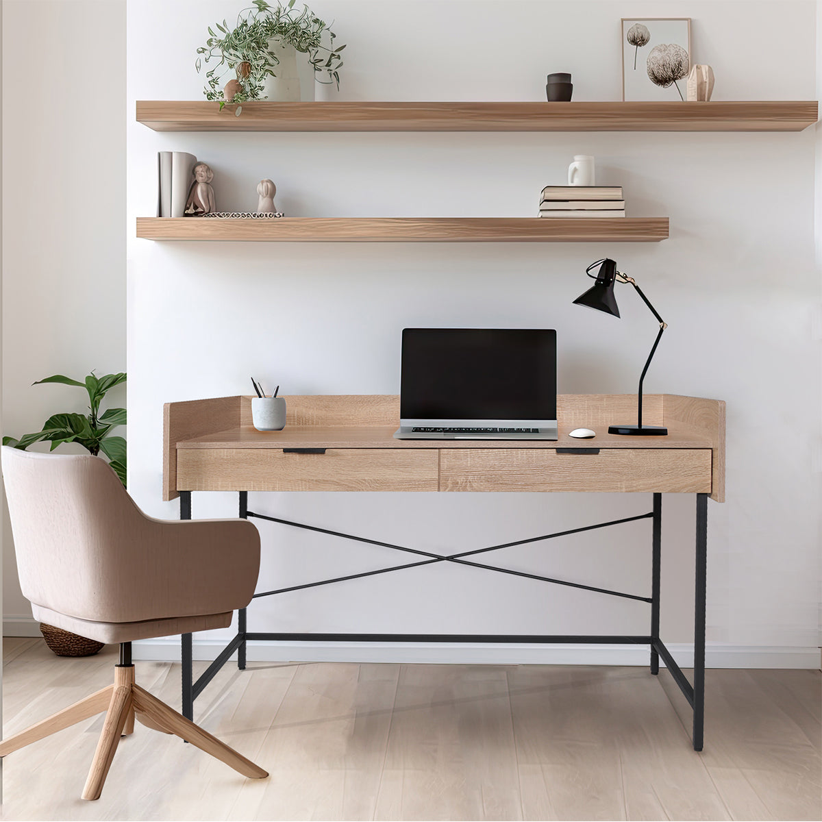 Bureau 2 tiroirs Suliac Bois blanchi et Noir