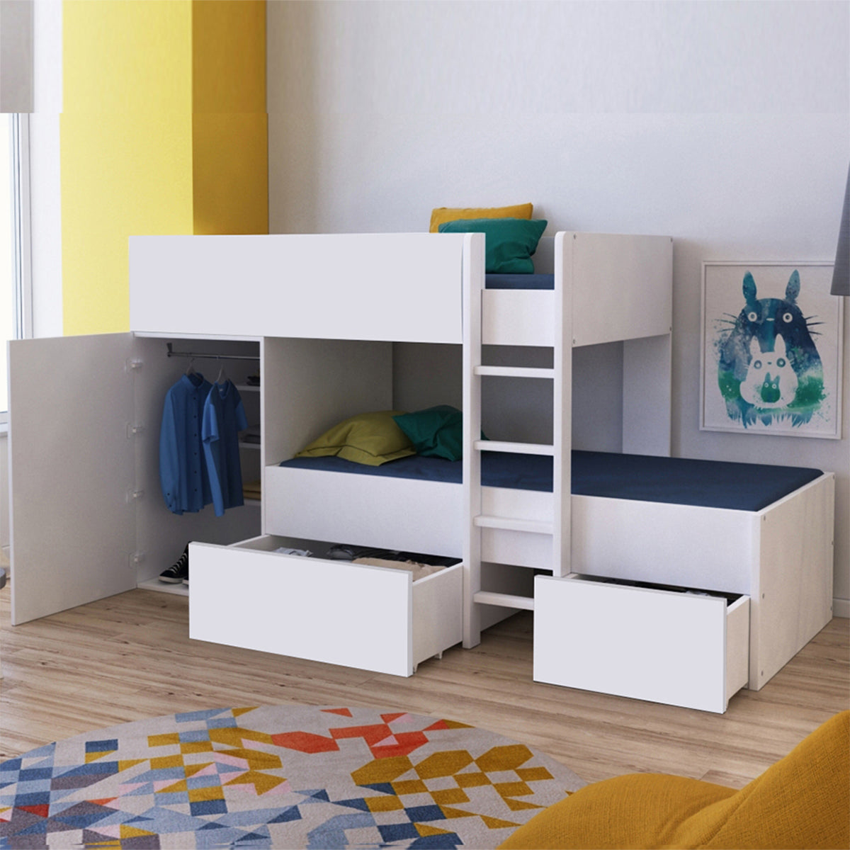 Lit superposé 90x190 - armoire - tiroirs - sommier inclus Twin Blanc