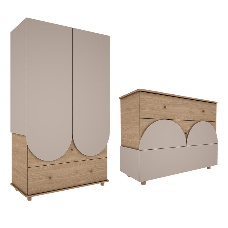 Commode 3 tiroirs et armoire 2 portes 2 tiroirs Wood Luck Bloom - Cachemire et Bois