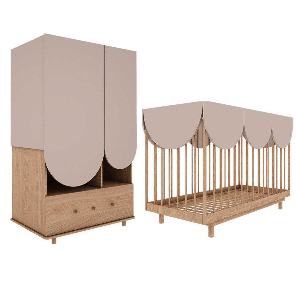 Lit évolutif 70x140 et armoire 2 portes 1 tiroir Wood Luck Bloom Cachemire et Bois