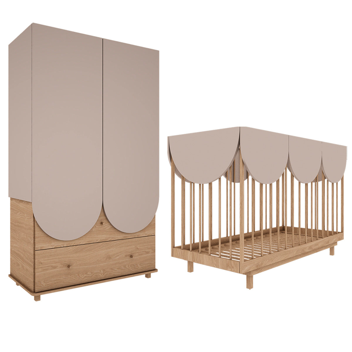Lit évolutif 70x140 et armoire 2 portes 2 tiroirs Wood Luck Bloom Cachemire et Bois