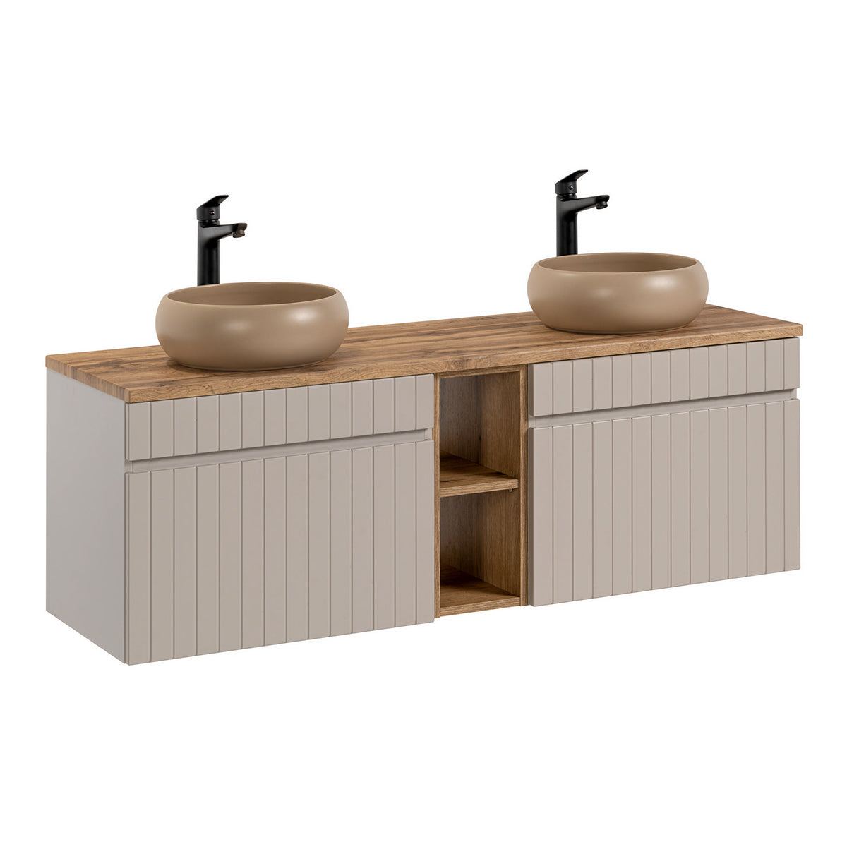 Ensemble meuble double vasque 140cm 2 niches et colonne Zelie Cachemire et Bois - vue 2
