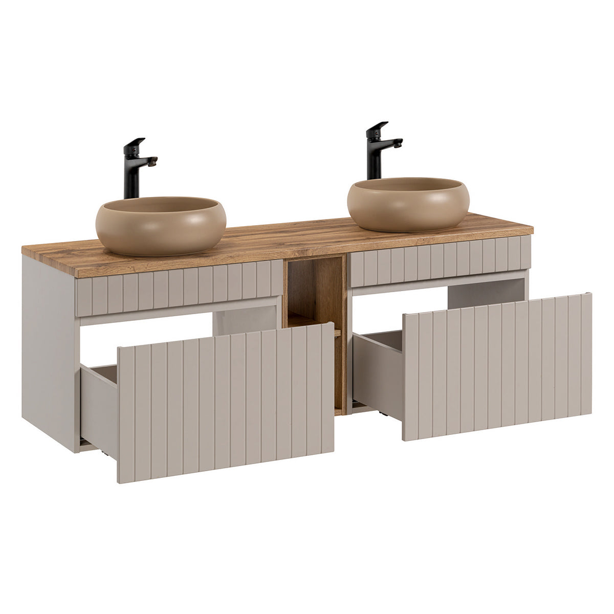 Ensemble meuble double vasque 140cm 2 niches et colonne Zelie Cachemire et Bois - vue 3