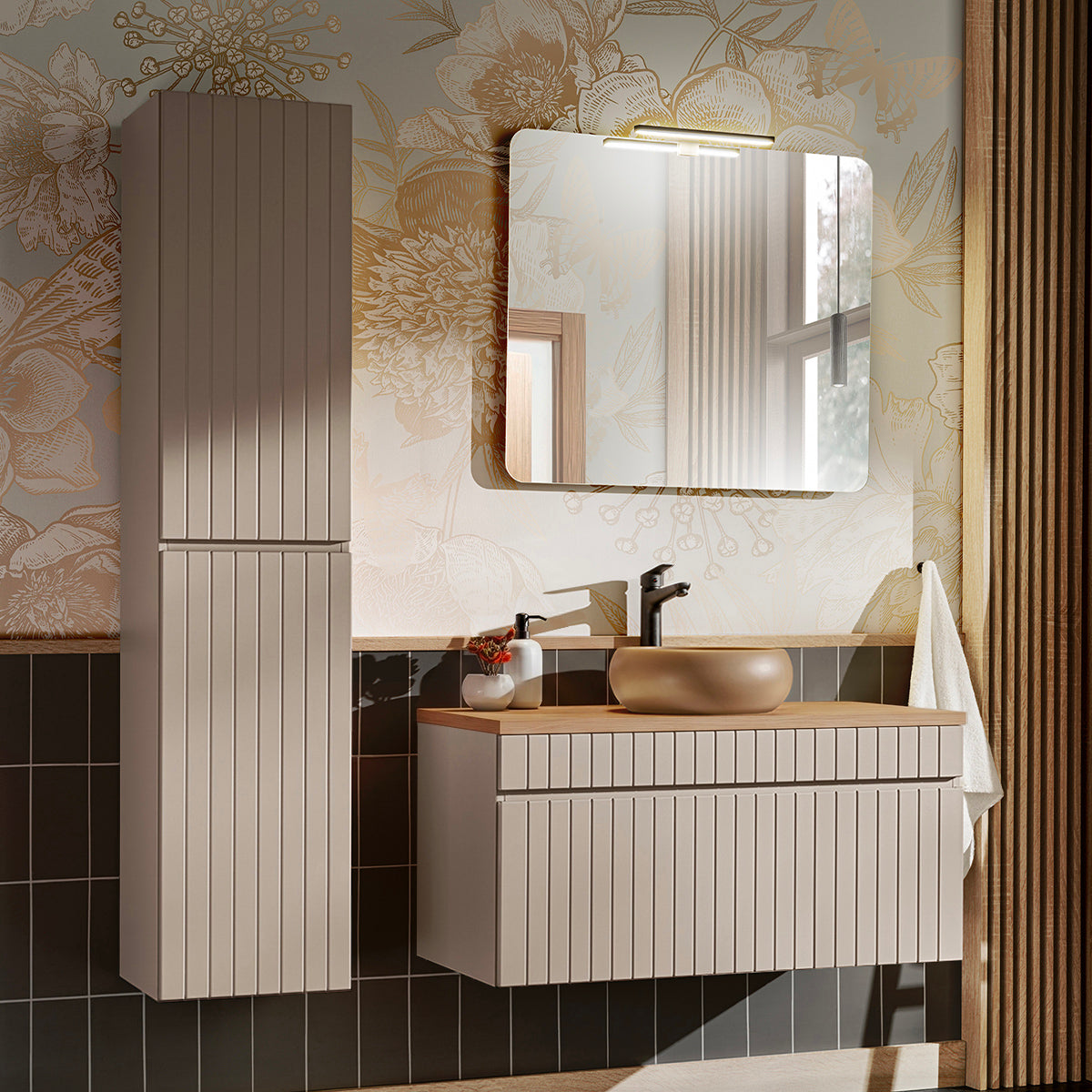 Ensemble meuble simple vasque 100cm et colonne Zelie Cachemire et Bois