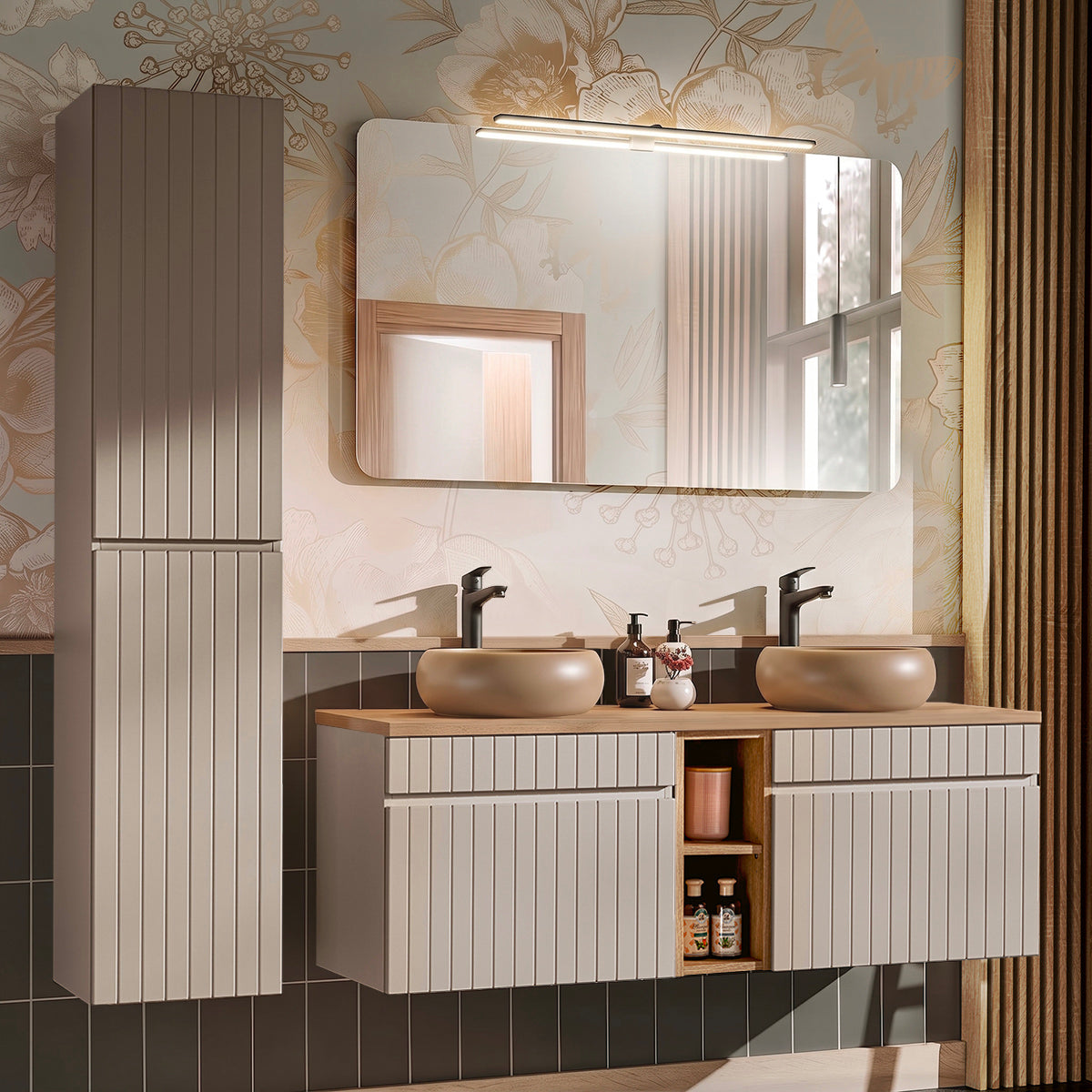 Meuble double vasque 140cm 2 niches Zelie Cachemire et Bois