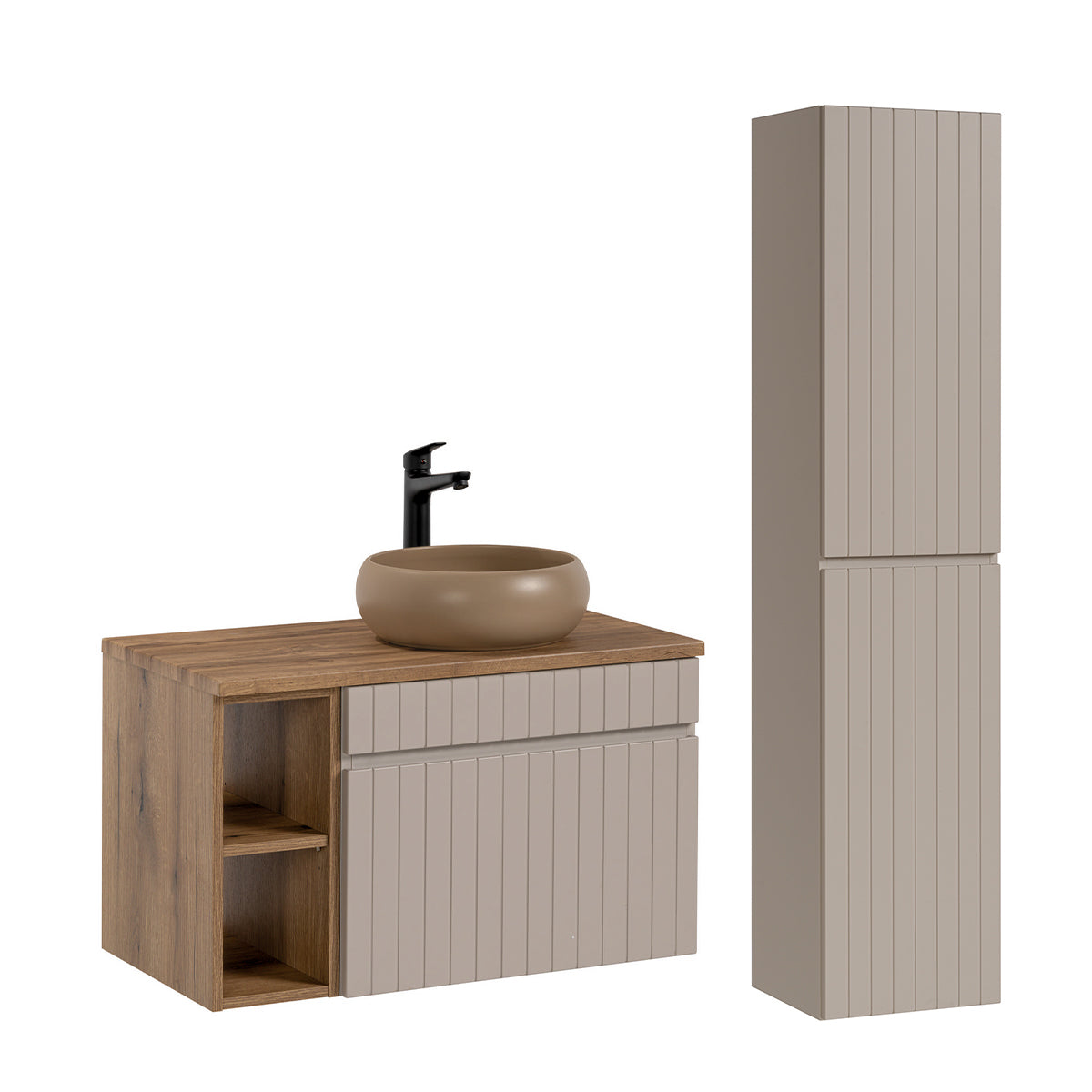 Ensemble meuble simple vasque 80cm 2 niches et colonne Zelie Cachemire et Bois - vue 2