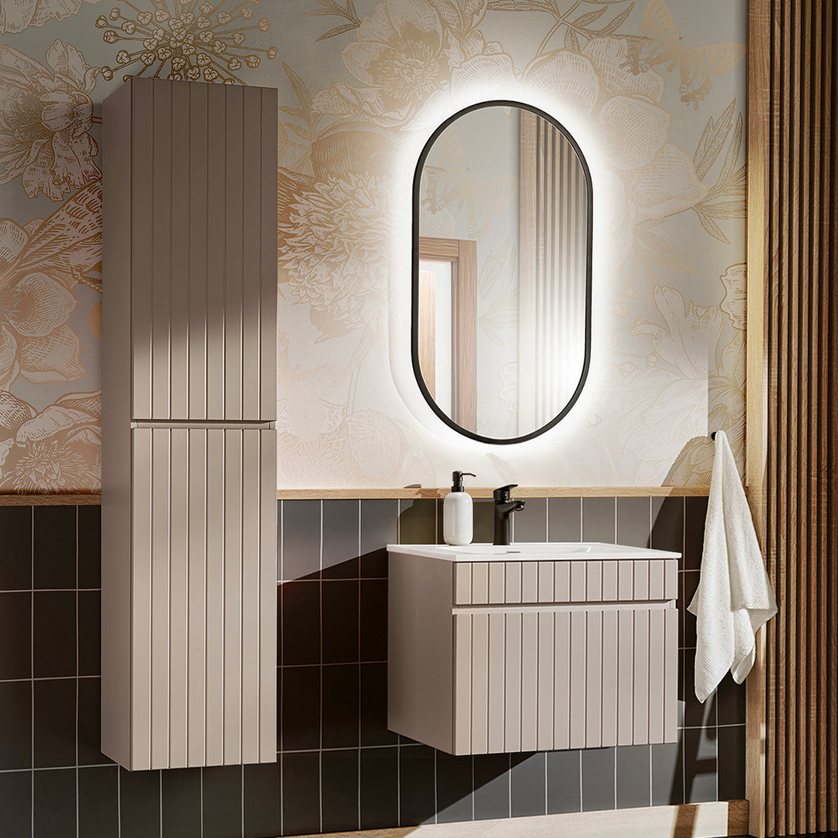 Ensemble meuble simple vasque encastrée 60cm et colonne Zelie Cachemire