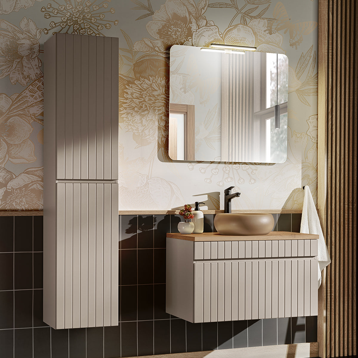 Ensemble meuble simple vasque 80cm et colonne Zelie Cachemire et Bois