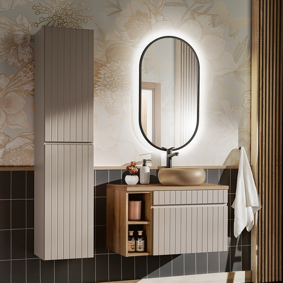 Meuble simple vasque 80cm 2 niches Zelie Cachemire et Bois - vue 4